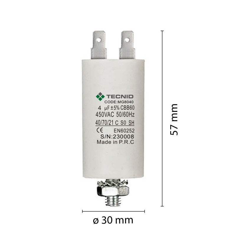 Condensatore Permanente Per Motori Elettrici 4 µF 450V. Dado M8