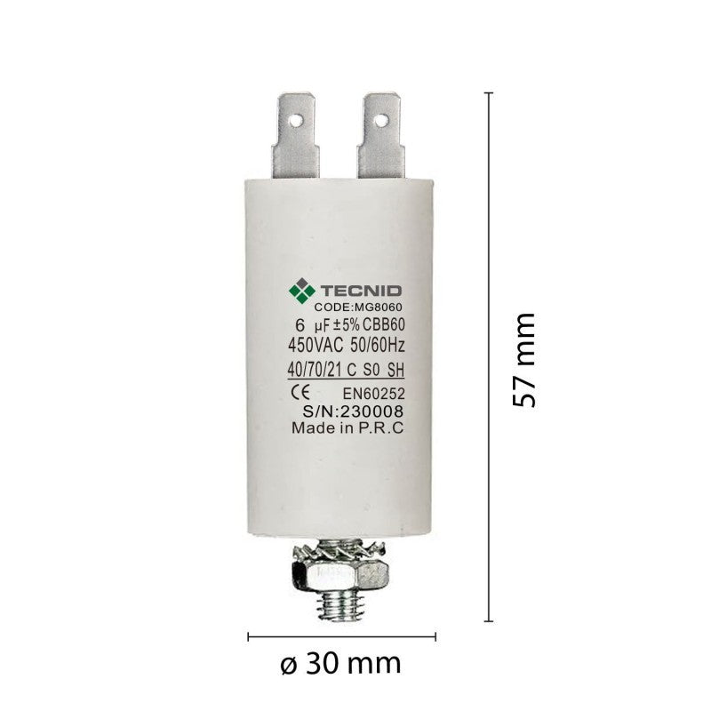 Condensatore Permanente Per Motori Elettrici 6 µF 450V. Dado M8