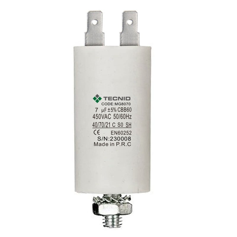 Condensatore Permanente Per Motori Elettrici 7 µF 450V. Dado M8