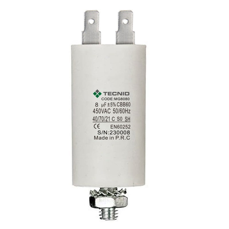 Condensatore Permanente Per Motori Elettrici 8 µF 450V. Dado M8