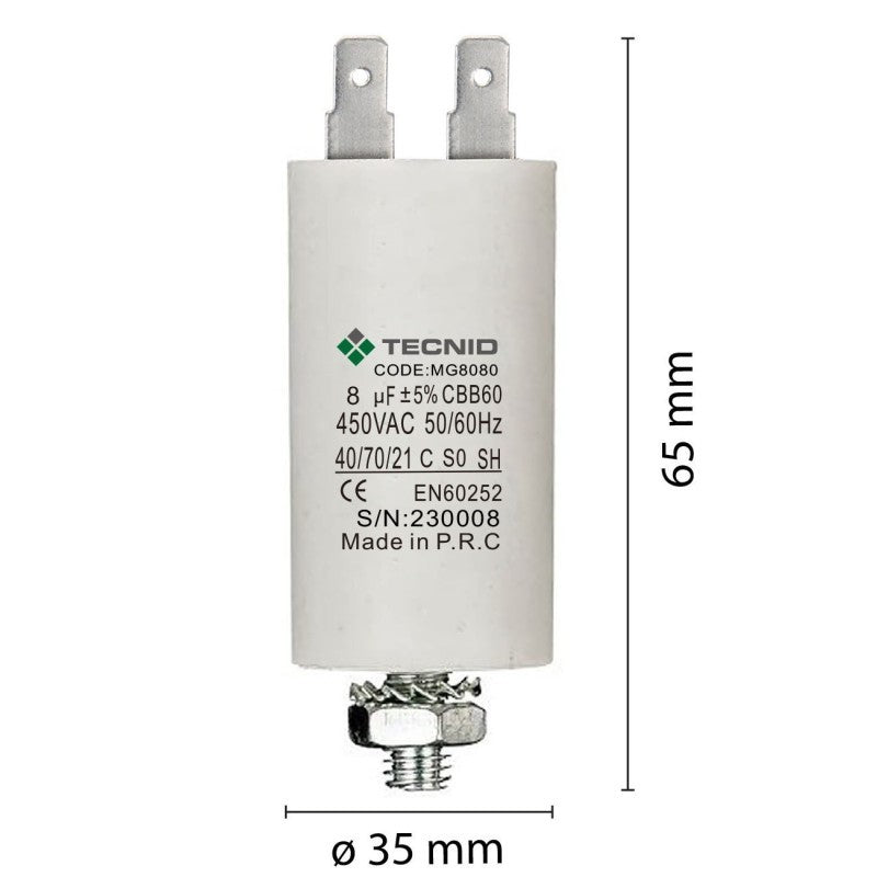 Condensatore Permanente Per Motori Elettrici 8 µF 450V. Dado M8