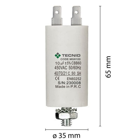 Condensatore Permanente Per Motori Elettrici 10 µF 450V. Dado M8