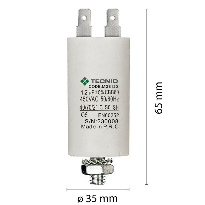 Condensatore Permanente Per Motori Elettrici 12 µF 450V. Dado M8