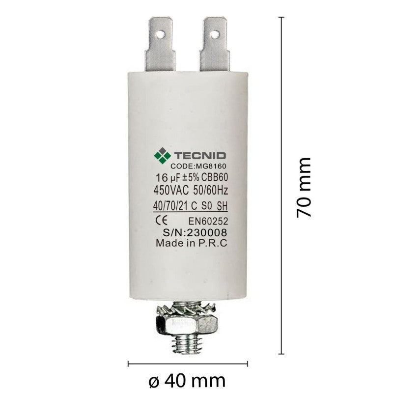 Condensatore Permanente Per Motori Elettrici 16 µF 450V. Dado M8