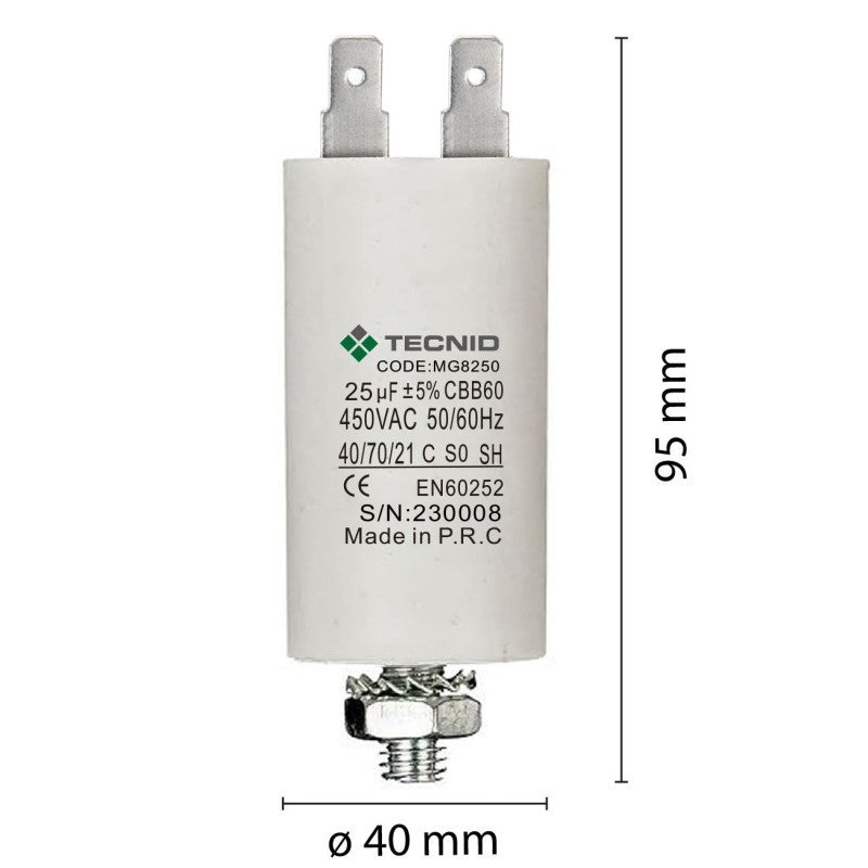 Condensatore Permanente Per Motori Elettrici 25 µF 450V. Dado M8