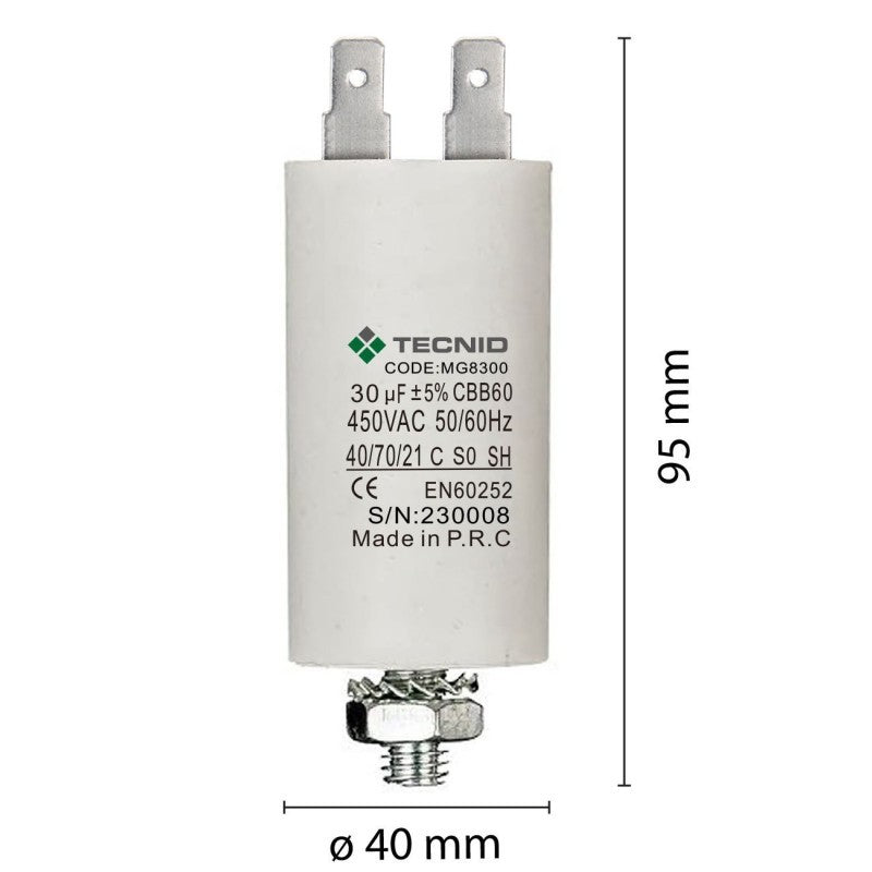 Condensatore Permanente Per Motori Elettrici 30 µF 450V. Dado M8