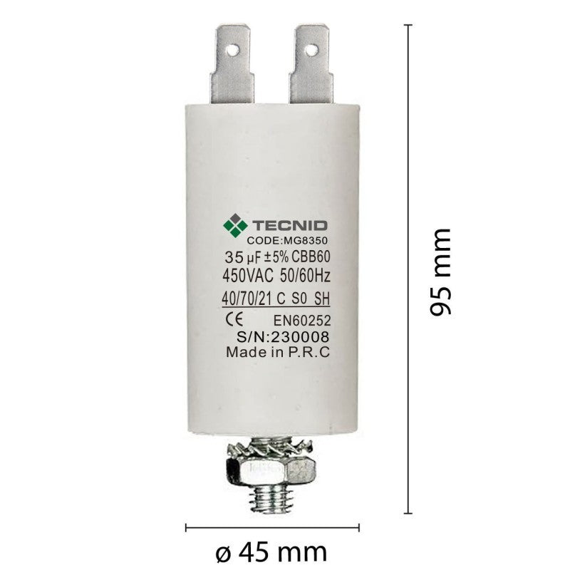 Condensatore Permanente Per Motori Elettrici 35 µF 450V. Dado M8