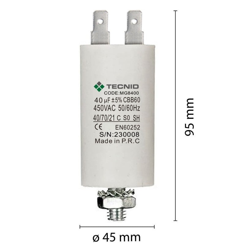 Condensatore Permanente Per Motori Elettrici 40 µF 450V. Dado M8