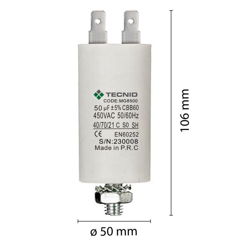 Condensatore Permanente Per Motori Elettrici 50 µF 450V. Dado M8