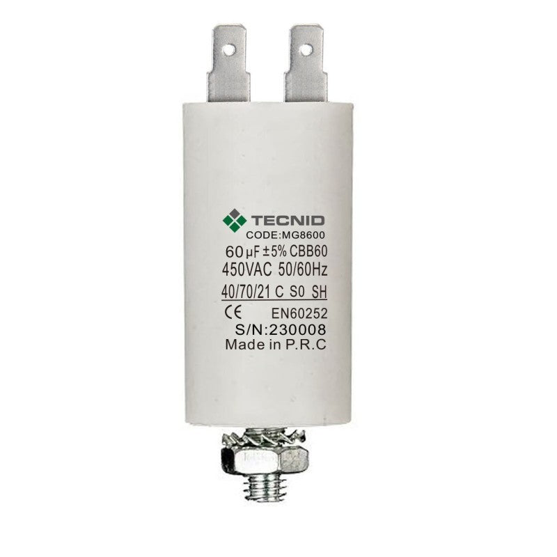 Condensatore Permanente Per Motori Elettrici 60 µF 450V. Dado M8