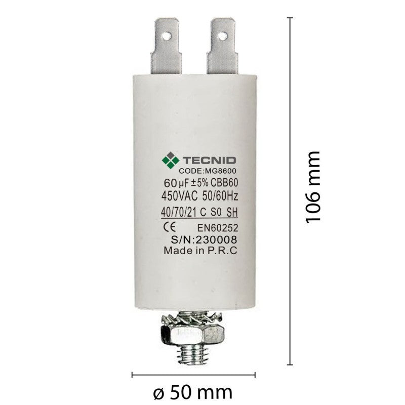 Condensatore Permanente Per Motori Elettrici 60 µF 450V. Dado M8