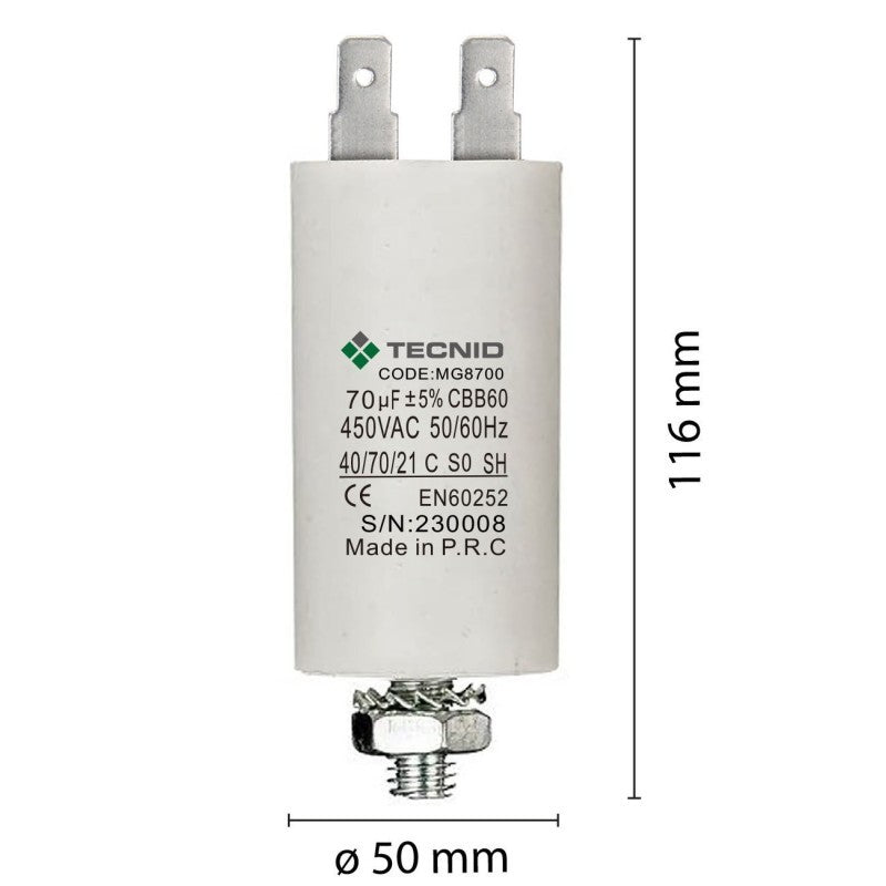 Condensatore Permanente Per Motori Elettrici 70 µF 450V. Dado M8