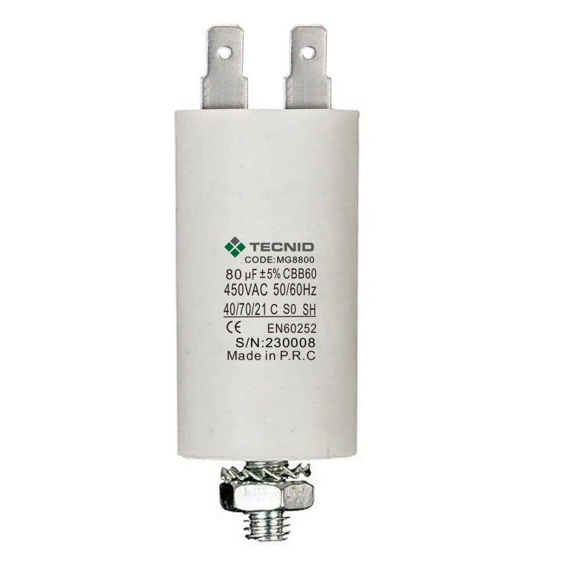 Condensatore Permanente Per Motori Elettrici 80 µF 450V. Dado M8