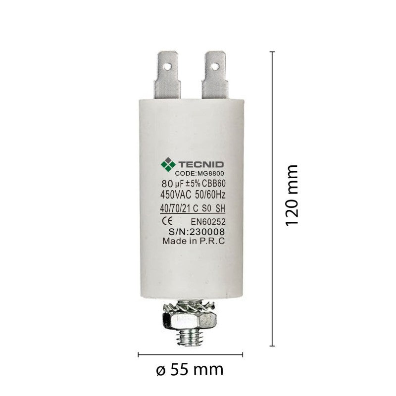 Condensatore Permanente Per Motori Elettrici 80 µF 450V. Dado M8