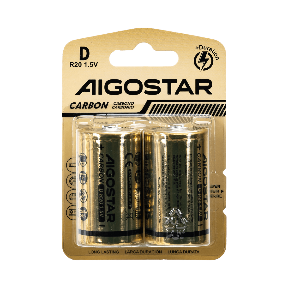 Batterie Aigostar Torcia D Zinco Carbone 1.5V Confezione da 2 Pile