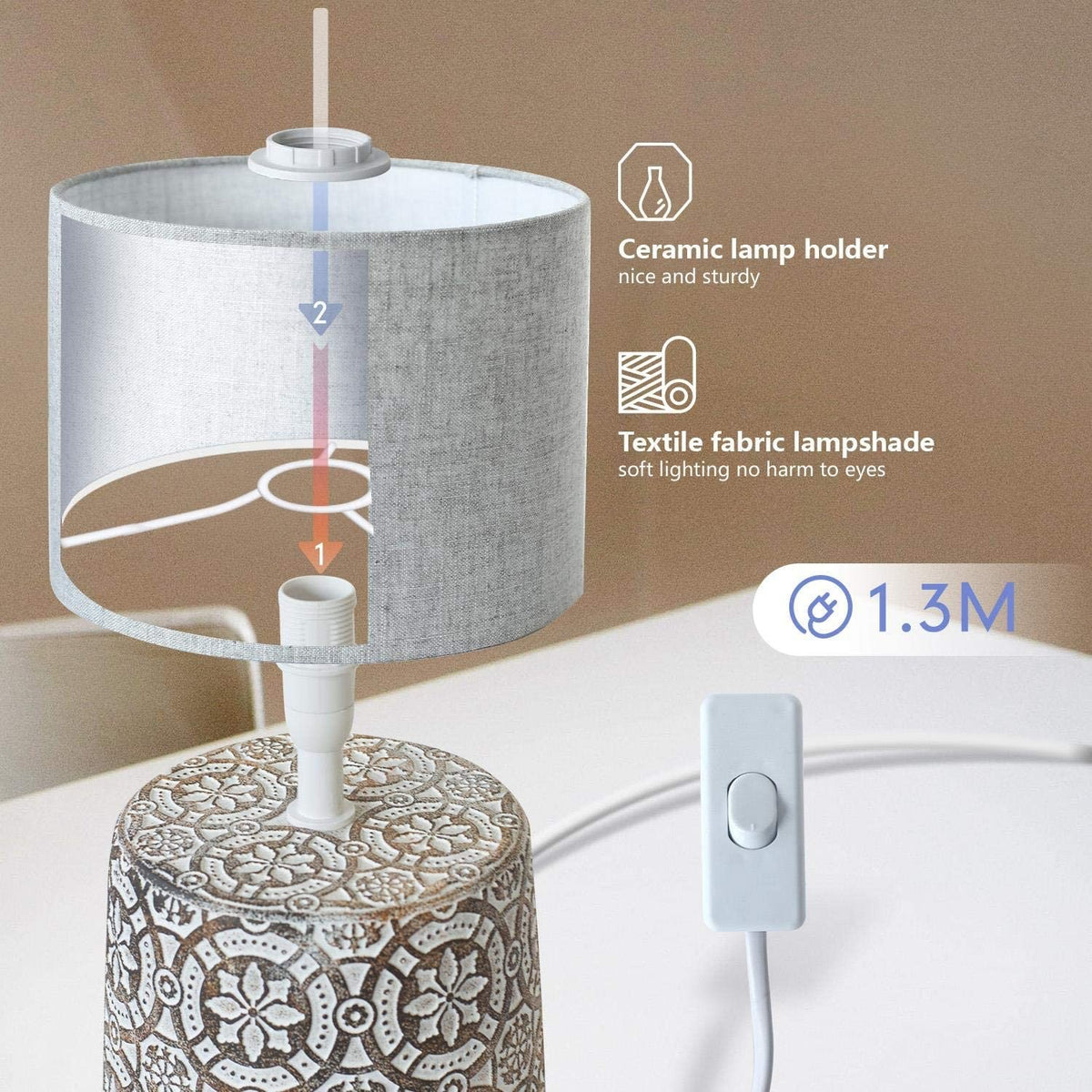 Lampada da Tavolo Abat Jour Aigostar E14 in Ceramica - Marrone
