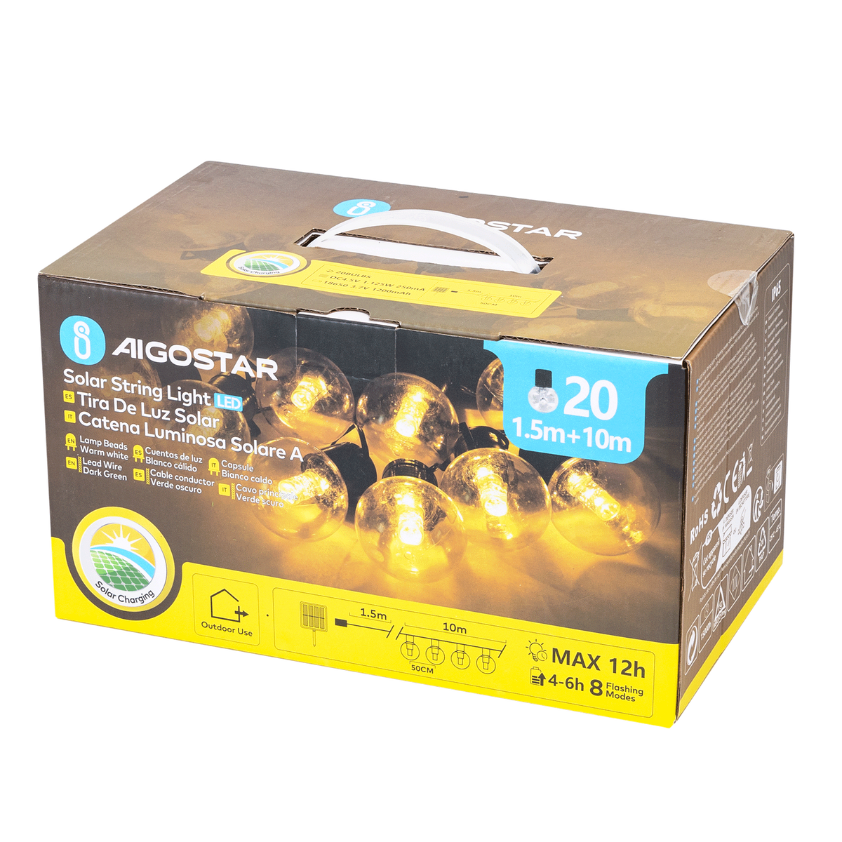 Catena Luminosa Solare 10 Metri + 1,5 Mt Cavo Sfera G50 IP65 8 Modalità 3000K