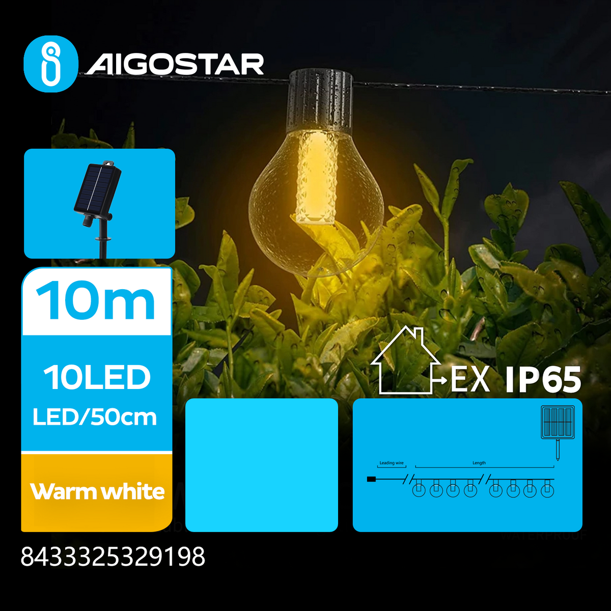 Catena Luminosa Solare 10 Metri + 1,5 Mt Cavo Sfera G50 IP65 8 Modalità 3000K