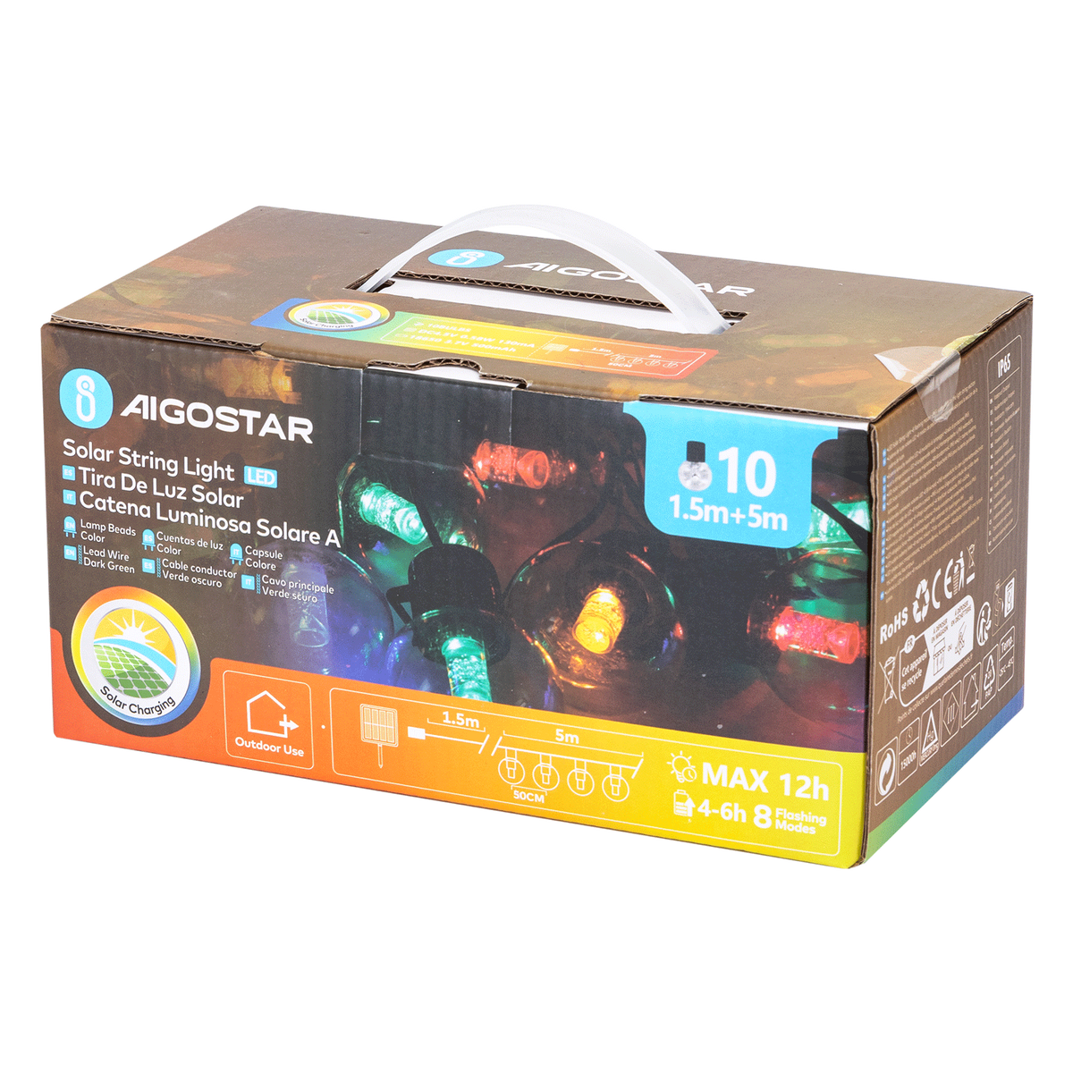 Catena Luminosa Solare 5 Metri + 1,5 Mt Cavo Sfera G50 IP65 8 Modalità RGB