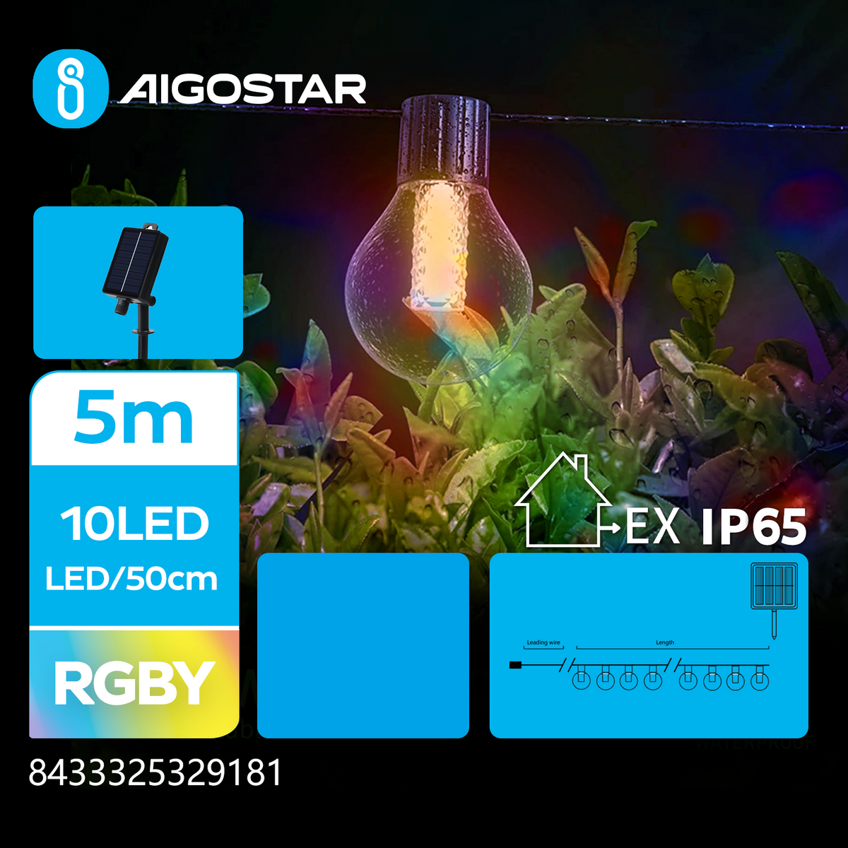 Catena Luminosa Solare 5 Metri + 1,5 Mt Cavo Sfera G50 IP65 8 Modalità RGB