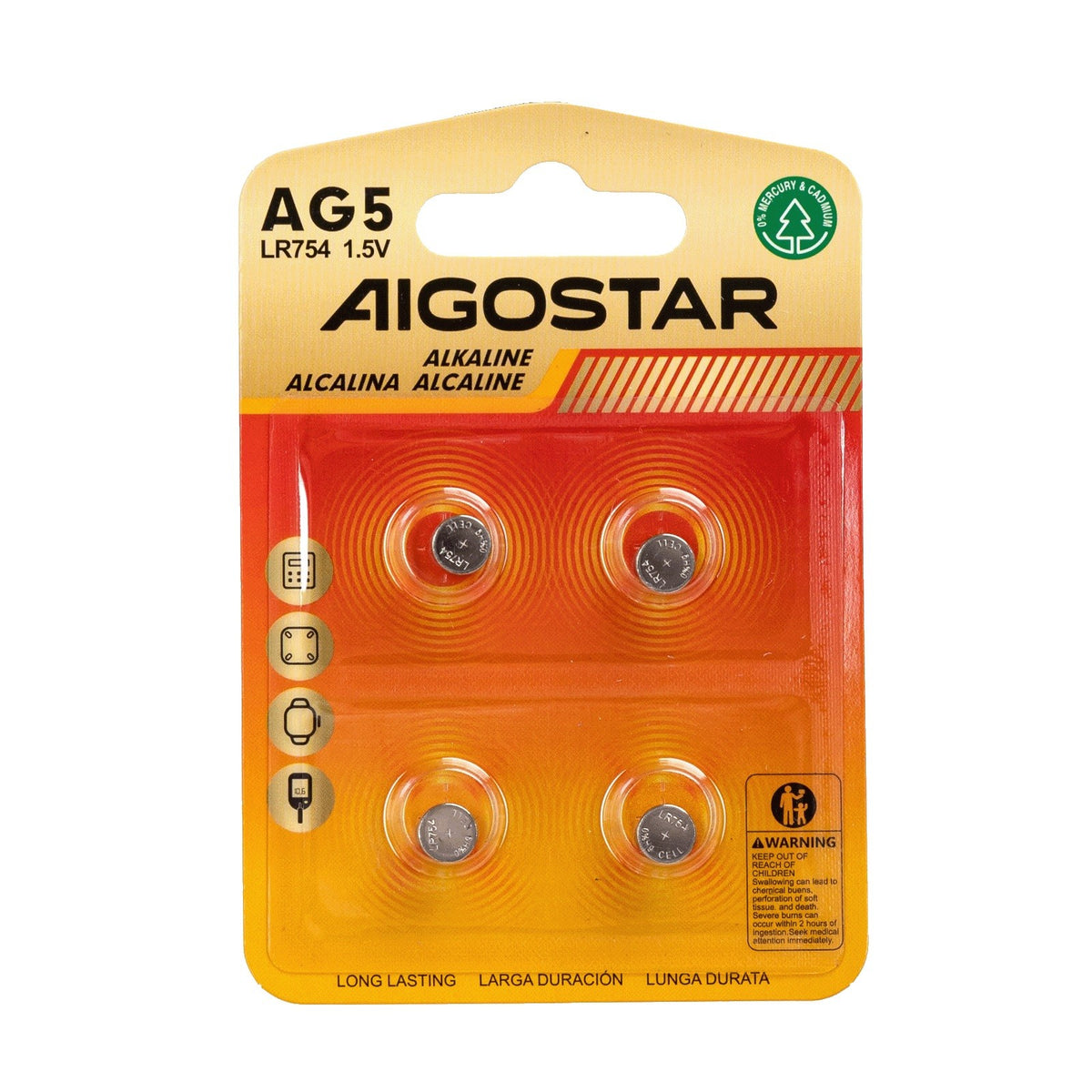 Batteria a Bottone AG5 LR754 1.5V 4 PZ Aigostar