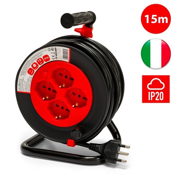 Avvolgicavo Prolunga Elettrica 4 Prese Cavo H05VV-F3G1.5MM2 15 Metri CE