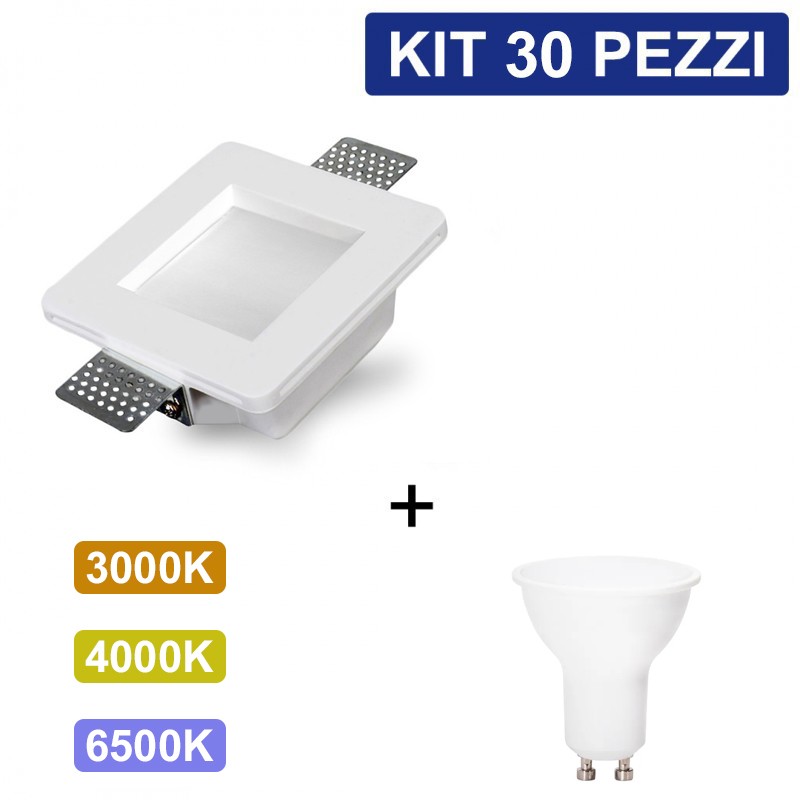 Kit 30 Portafaretto in Gesso Ceramico Quadrato Con Vetro + 30 Lampadine GU10