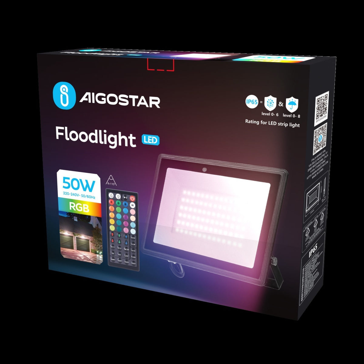 Faro Proiettore Led 50W Nero IP65 RGB Luce Regolabile e Dimmerabile con Telecomando