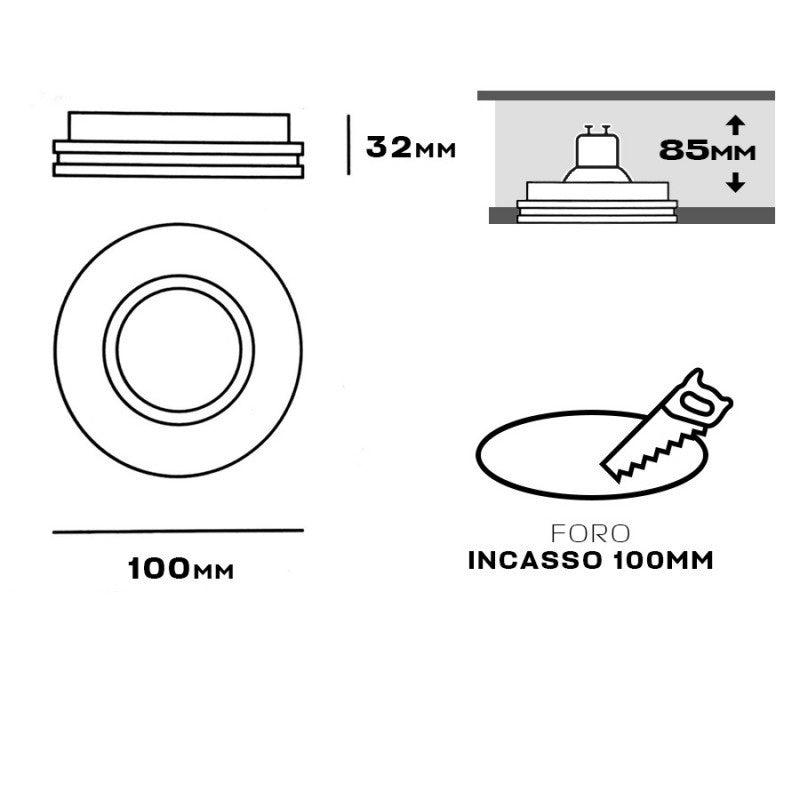 Portafaretto in Gesso Ceramico Slim Rotondo da Incasso Staffa Regolabile