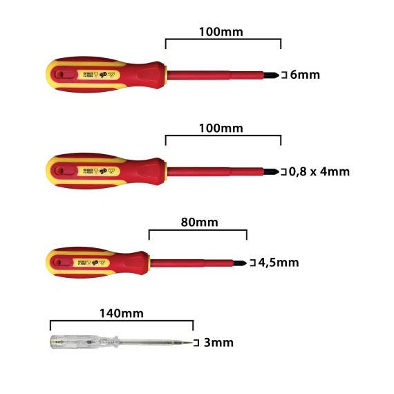 Set di 4 Cacciaviti Isolati 1 Piatto + 2 a Croce + Tester Professionali