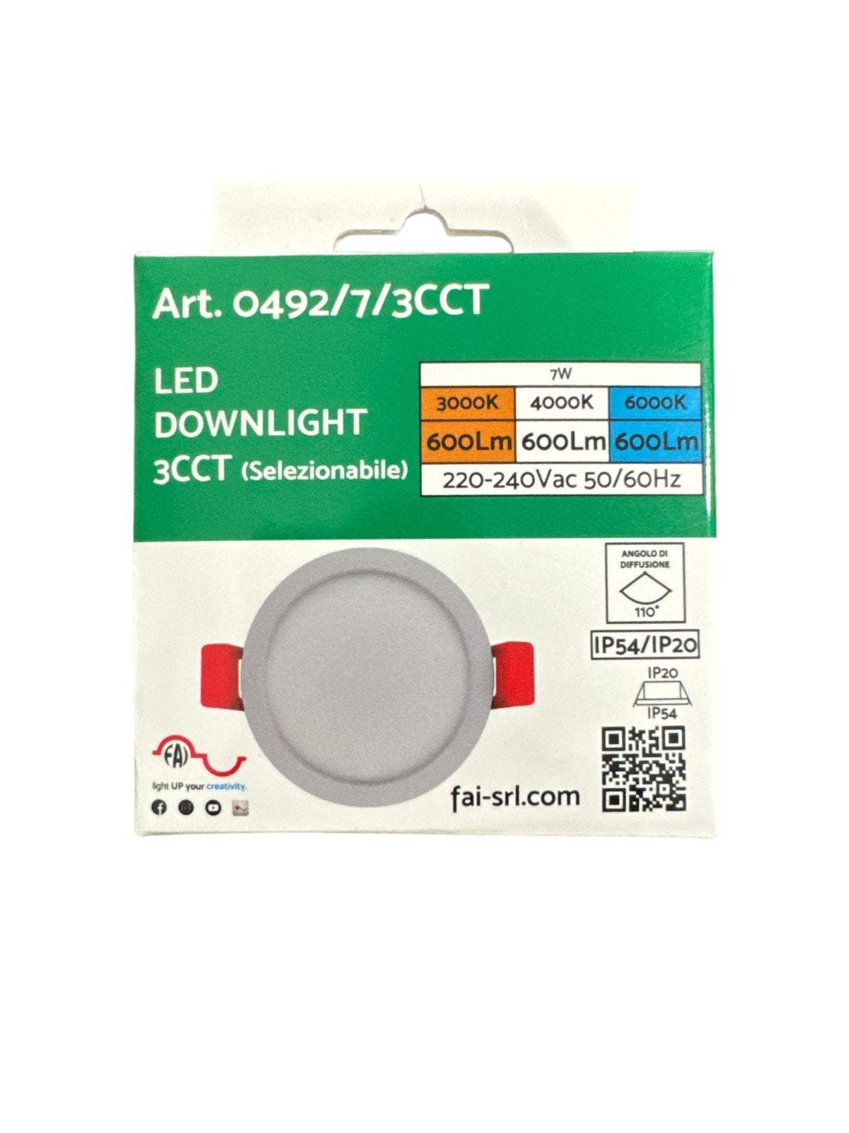 Downlight Faro Led Da Incasso Rotondo 7W CCT IP54 Foro ø65mm 600 Lumen