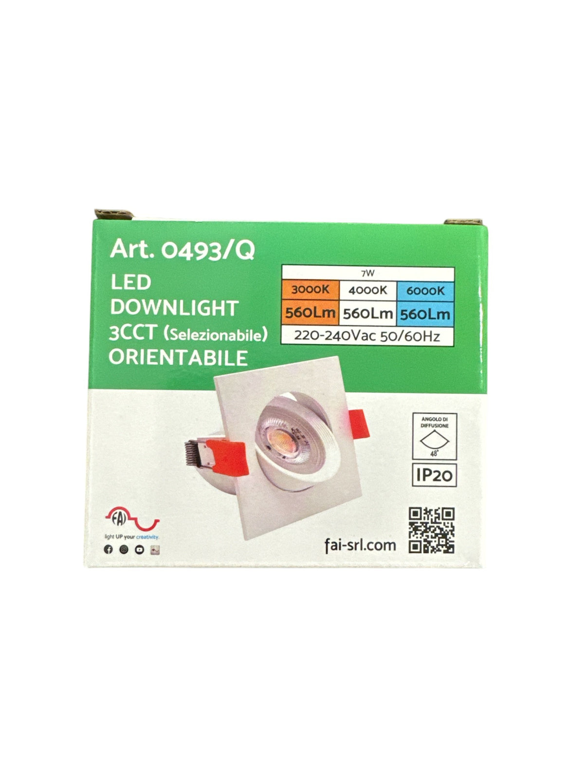 Downlight Led Da Incasso Quadrato Orientabile 7W CCT Foro ø70mm 560 Lumen