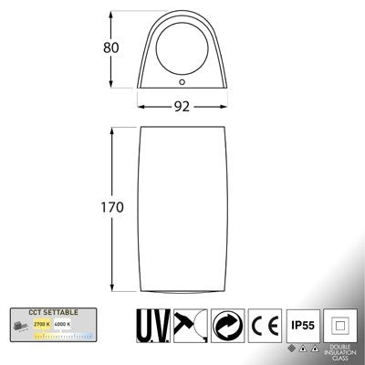 Applique da Parete MARTA 90 1L Grigio IP55 con LED GU10 3,5W CCT