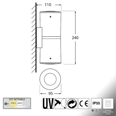 Applique da Parete in Resina FRANCA 90 2L Nero IP55 GU10 7W CCT
