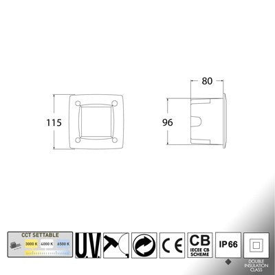 Segnapasso da Incasso in Resina LETI 100 Quadrato Grigio IP66 con GX53 3W CCT