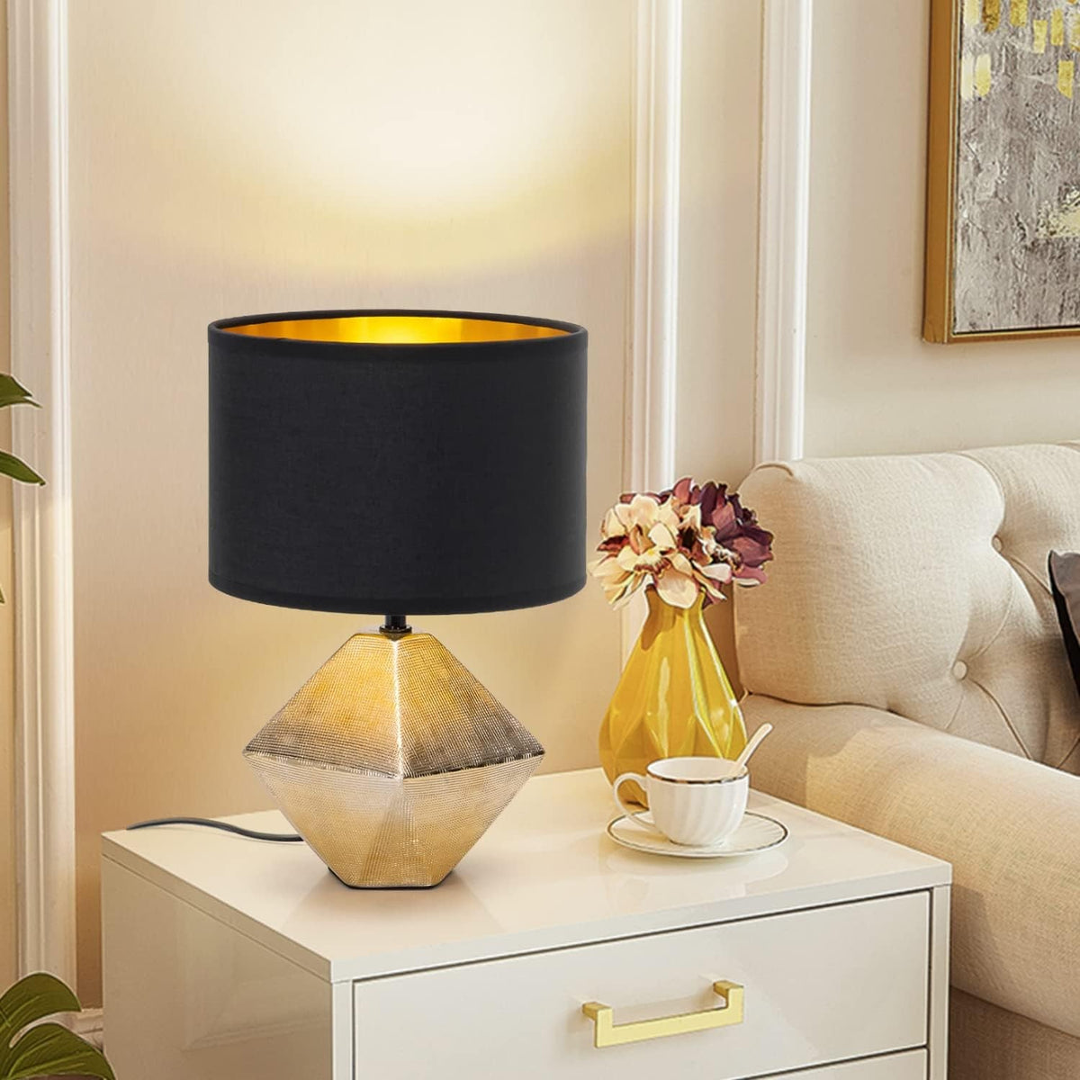 Lampada da Tavolo Abat Jour E14 in Ceramica Oro