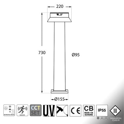 Lampione Solare da Giardino FELICE 800 Nero LED Ø150 PIR CCT