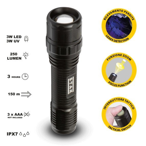 STAK Torcia LED HORATIO 3W + UV a Batteria 3xAAA in Alluminio