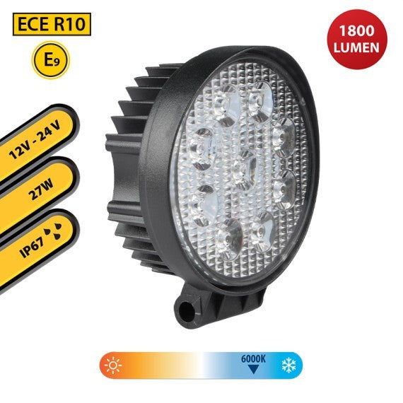 Faro LED da Lavoro Rotondo 12/24V 27W 6000K 1800lm IP67