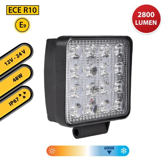 Faro LED da Lavoro Quadrato 12/24V 48W 6000K 2800lm IP67