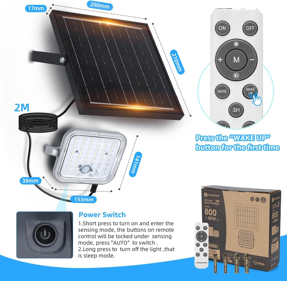 Faro Solare 80W Con Sensore di Movimento e Crepuscolare 6500K 800Lm