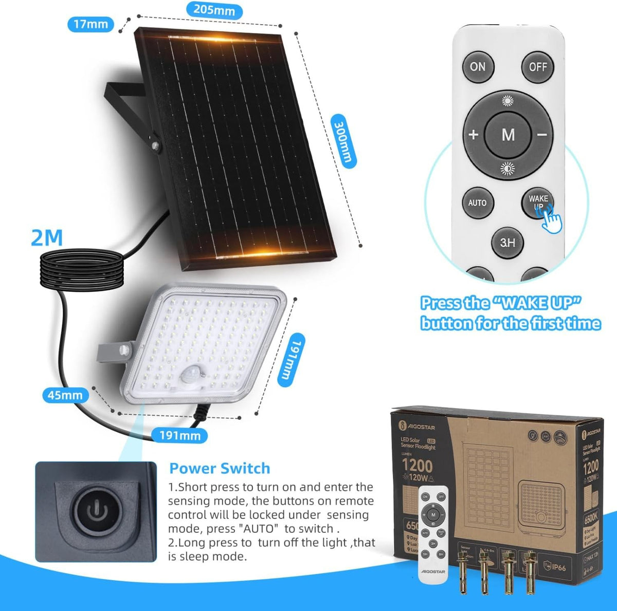 Faro Solare 120W Con Sensore di Movimento e Crepuscolare 6500K 1200Lm