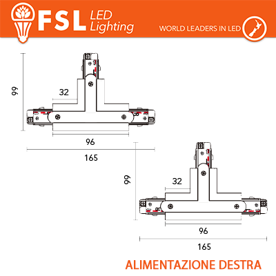 FSL Connettore Forma T Destra per Binario Trifase Colore Nero