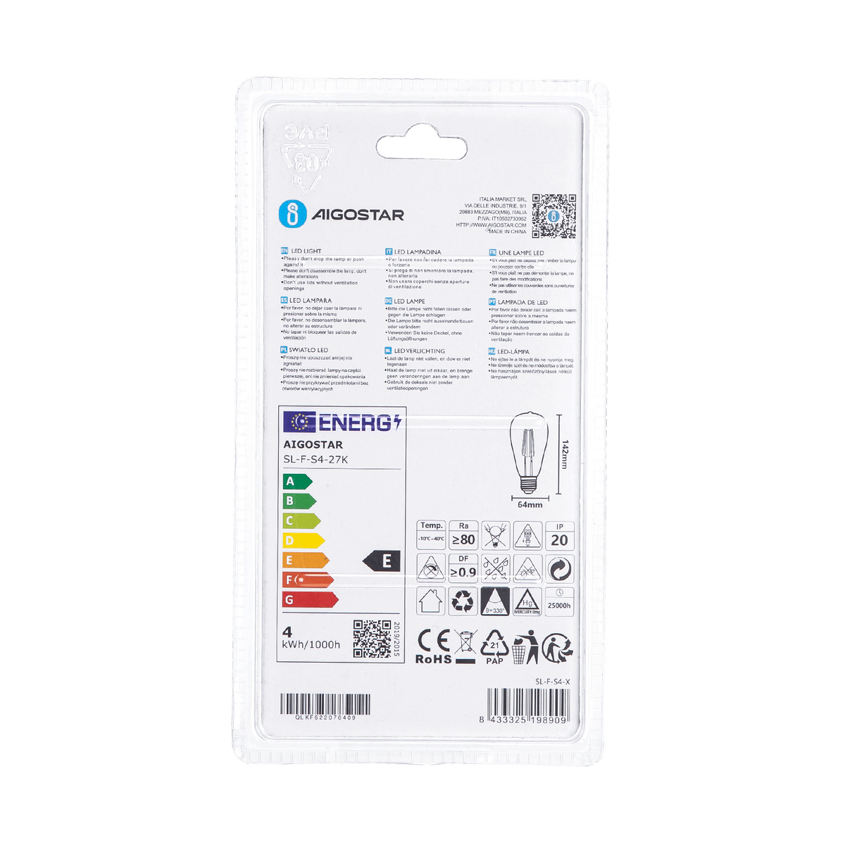 Lampadina Led a Filamento E27 ST64 4W Bianco caldo 2700K