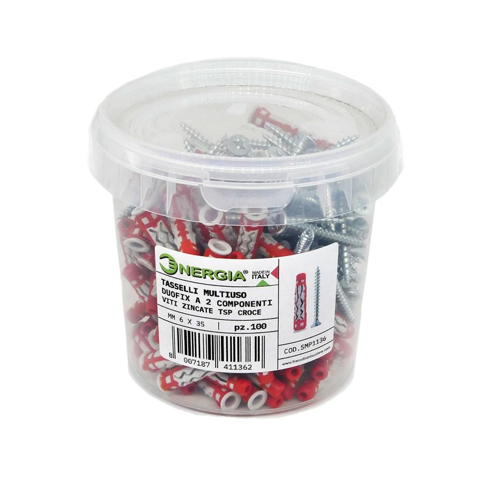 Barattolo 100 Tasselli Multiuso 6 mm DUOFIX a Due Componenti Viti Zincate TSP CROCE