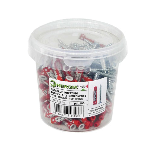 Barattolo 100 Tasselli Multiuso 6 mm DUOFIX a Due Componenti Viti Zincate TSP CROCE
