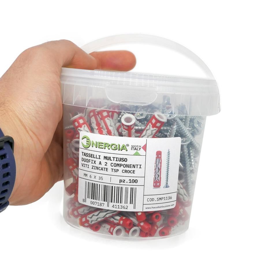 Barattolo 100 Tasselli Multiuso 6 mm DUOFIX a Due Componenti Viti Zincate TSP CROCE