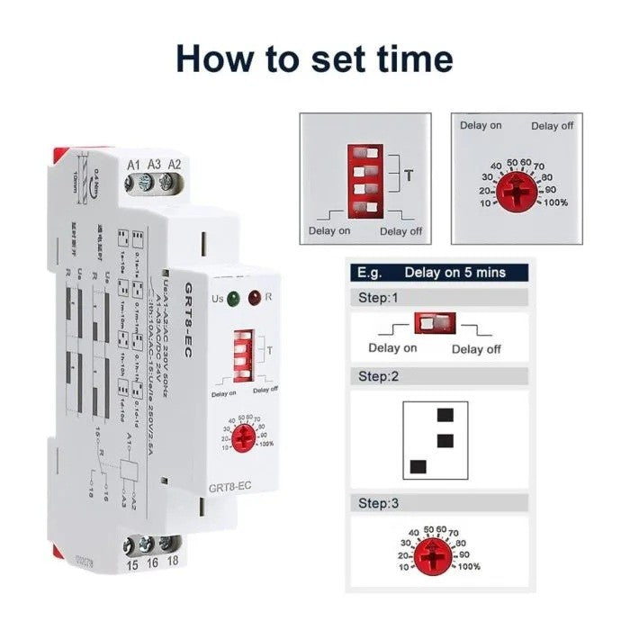Ettroit Relè Temporizzatore Doppia Funzione Ritardo Accensione/Spegnimento AC 230V 1 SPDT 10A