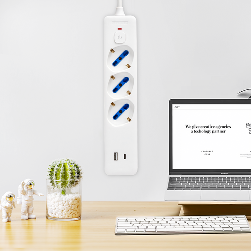 Ciabatta Multipresa 3 Posti Schuko e Bipasso + USB e Tipo C Cavo Da 1,5 mt