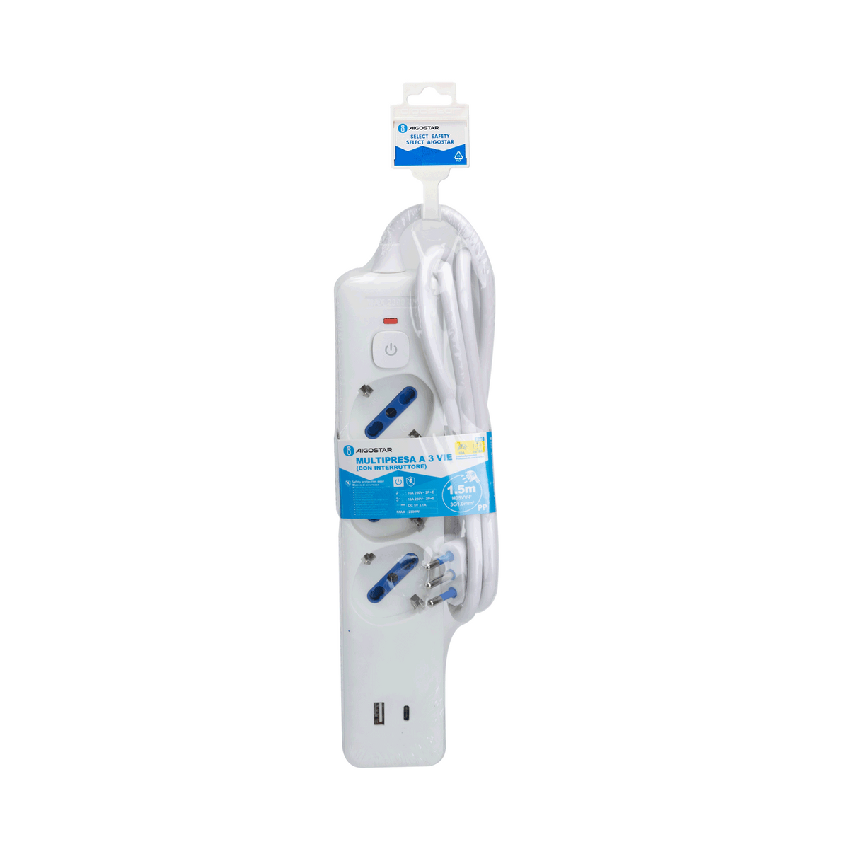 Ciabatta Multipresa 3 Posti Schuko e Bipasso + USB e Tipo C Cavo Da 1,5 mt